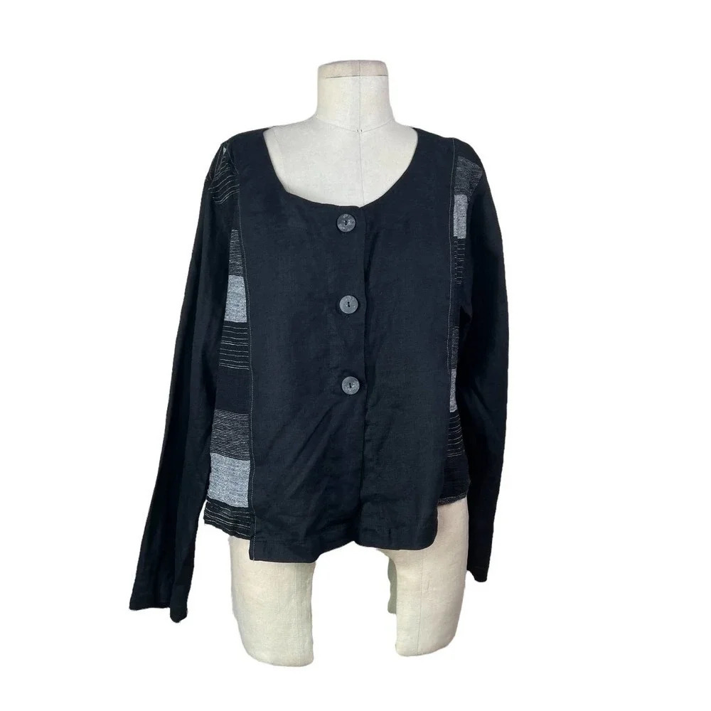Tara Vao Collarless Button‎ Top in Black Gray Stripe Lagenlook Size XL